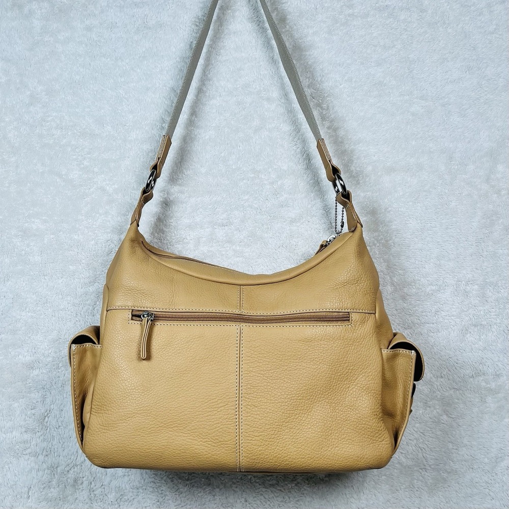 Vintage Tignanello Cargo Hobo Shoulder Bag Pebbled Leather Canvas Strap Tan Nude - Picture 2 of 15